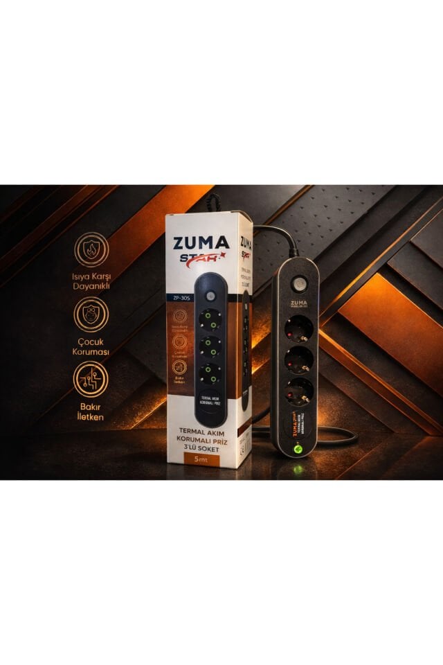 Zuma Star Termal Akım Korumalı 3’lü Priz 5 Metre 4000W Çocuk Korumalı Grup Priz