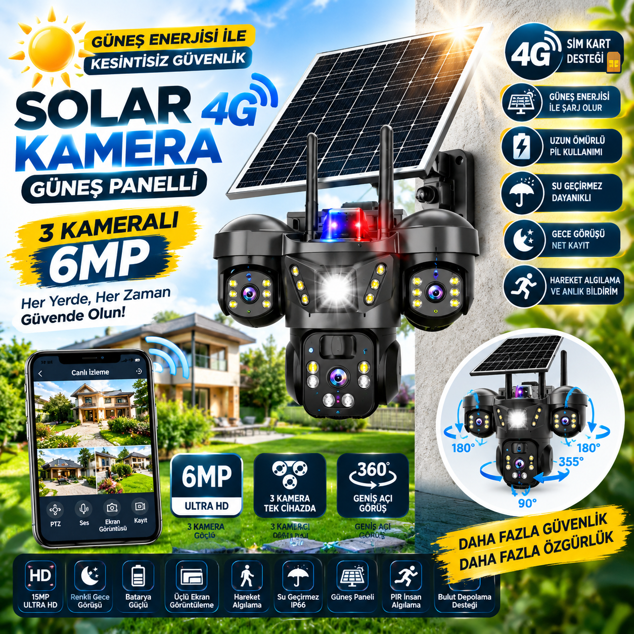 V380 Pro 9MP 4G Güneş Enerjili Üç Kameralı Ultra HD Akıllı Güvenlik Kamerası