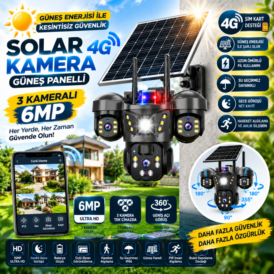 V380 Pro 9MP 4G Güneş Enerjili Üç Kameralı Ultra HD Akıllı Güvenlik Kamerası