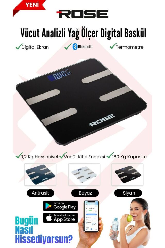 Rose Dijital Tartı Akıllı Yağ Ölçer - Beyaz