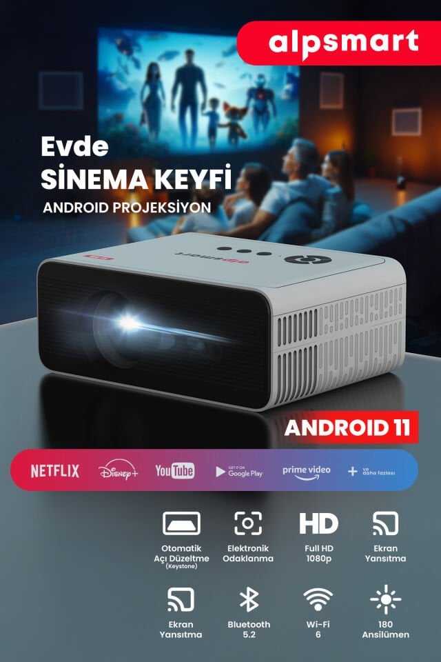 As585 Taşınabilir Android Projeksiyon, Android 11 / Ekran Yansıtma /oto Odak / Wifi 6