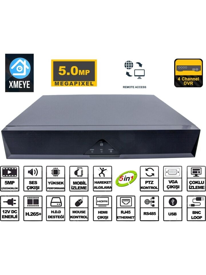 Xmeye 4 Kanal 5 mp Kamera Kayıt Cihazı Ahd Dvr 1080P H265+ Plus 5 in 1 Hibrit