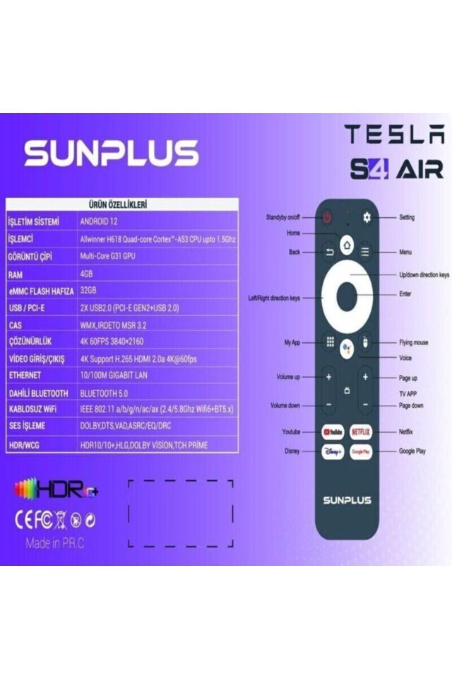 tesla S4 AIR wifi 6 4gb-ram /32gb hafıza android 12 tv box
