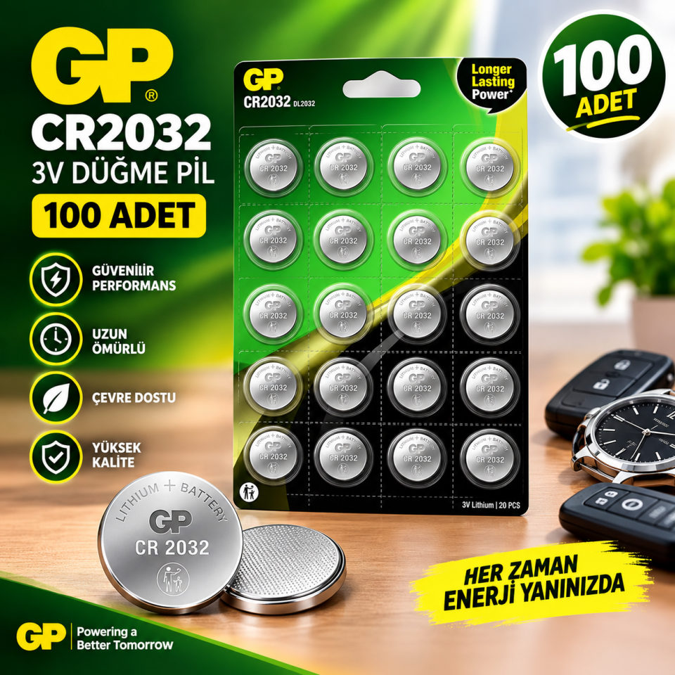 GP CR2032 Lityum 3V Düğme Pil 5 Blister 20 Kart 100'lü