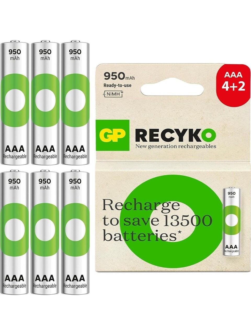 GP AAA 950 mAh Şarjlı İnce Kalem Pil 4+2'li Paket GP100AAAHCE4-2BB