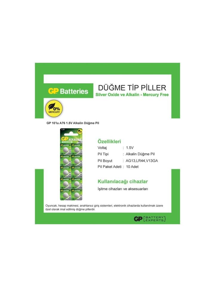 GP GPA76-2C10 LR44 AG13 Alkalin Düğme Pil 10'lu Paket