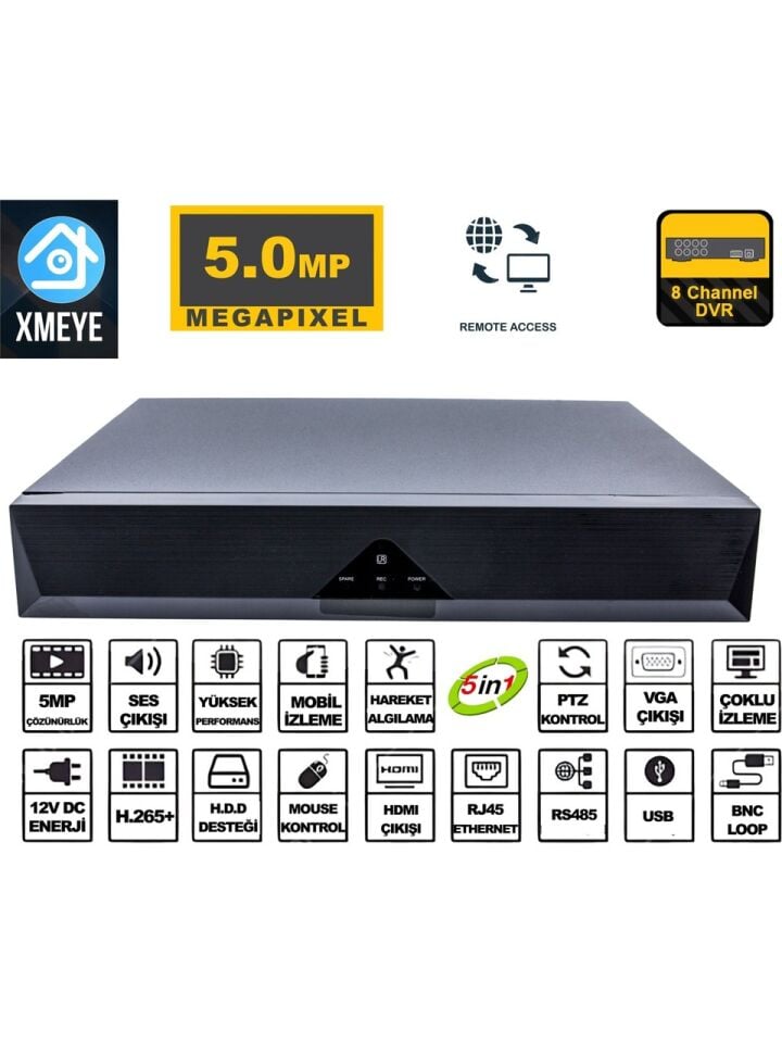 Xmeye 8 Kanal 5MP 1080P Kamera Kayıt Cihazı H265+ Plus 1x8TB Kapasite ile Hibrit Özellik