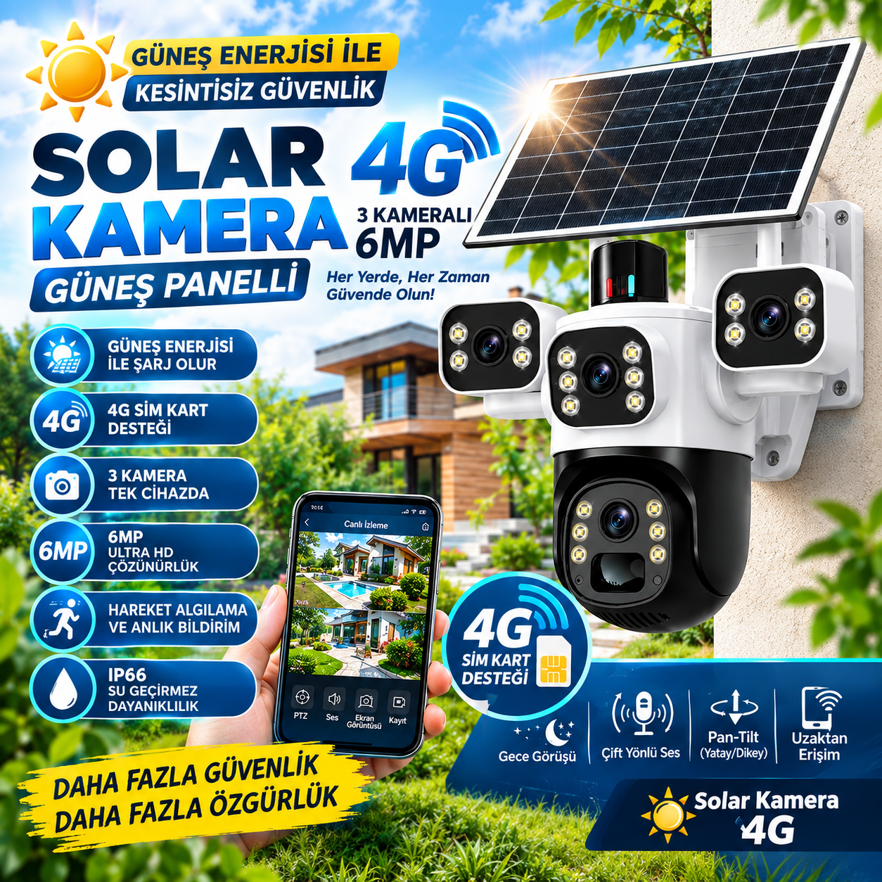 3 Kameralı 6MP 4K 4G Sim Kart Girişli Güneş Panelli Solar 360 PTZ Akıllı Güvenlik Kamera