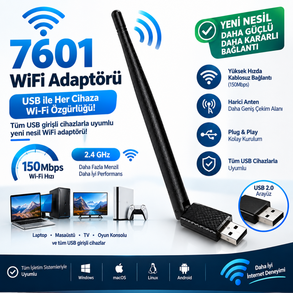 Wifi Adaptör 7601 Wifi Anten Uydu Alıcılarına Uyumludur