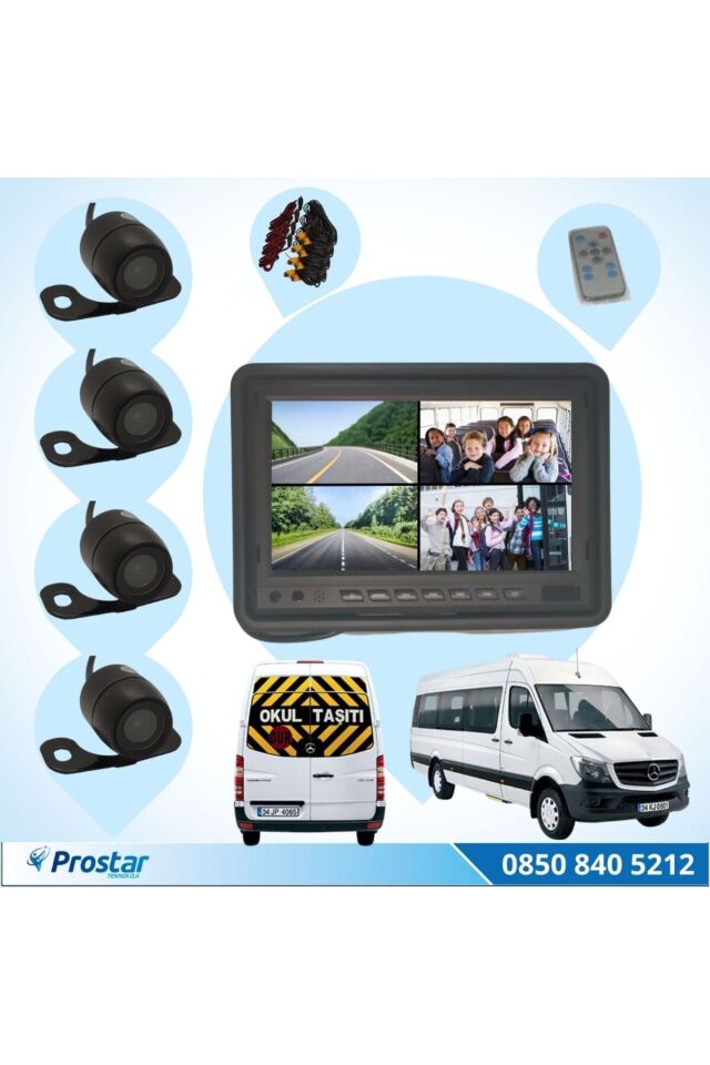 Okul Ve Servis Taşıtları Dört Kameralı 7'' Ekranlı 4 Kamera Dahil Full Set