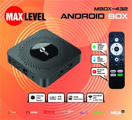 Max Level 4GB RAM 32GB Android TV Box 4K Medya Oynatıcı